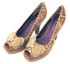 Poetic License Deco Animal Print Polka Dot Bow High Heel Pumps Shoe Sz 7.5 Brown