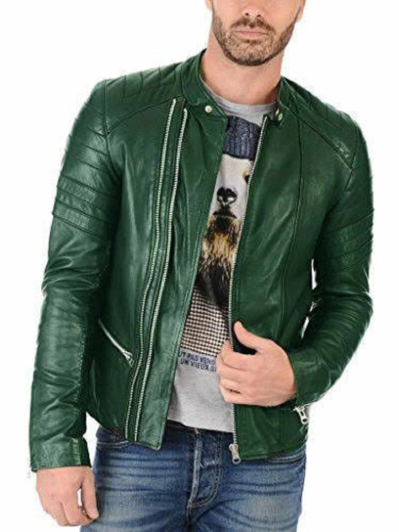 Genuine Men's Green Lambskin Leather Jacket Real Soft Sheepskin Cafe Racer Coat