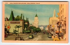 Hollywood Boulevard Street View California Linen Postcard Old Cars Gravmans TCL