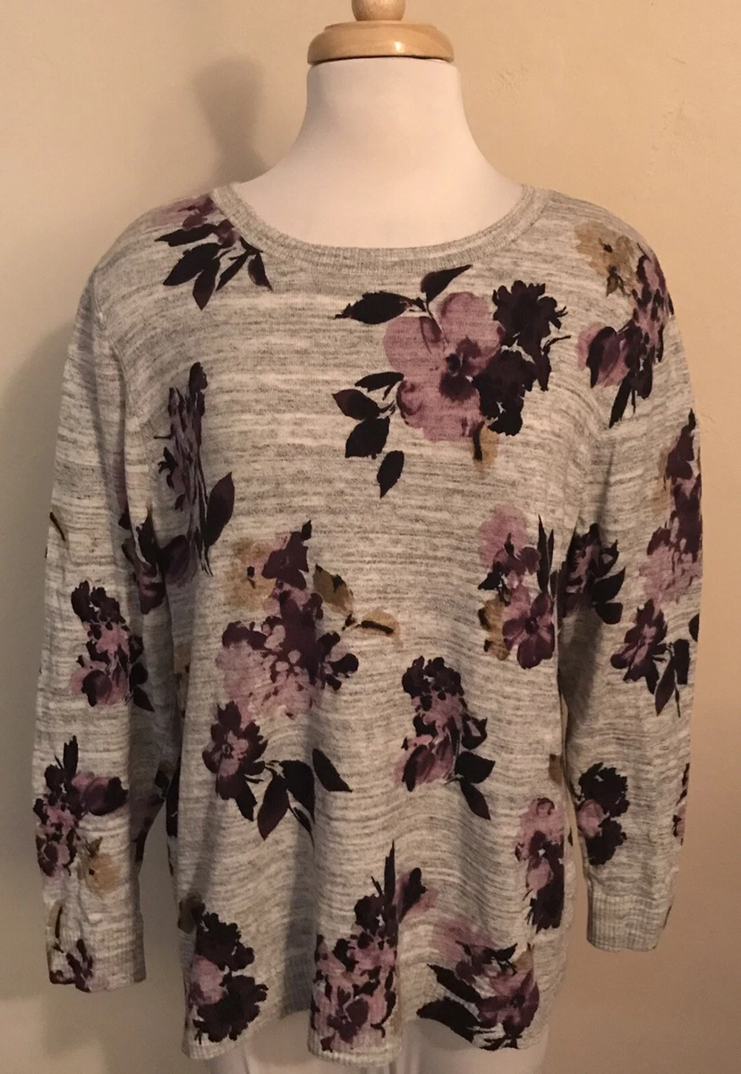 CJ BANKS Floral Top Shirt Multicolor Print Long Sleeve 1/4 Zip Back Size 1X