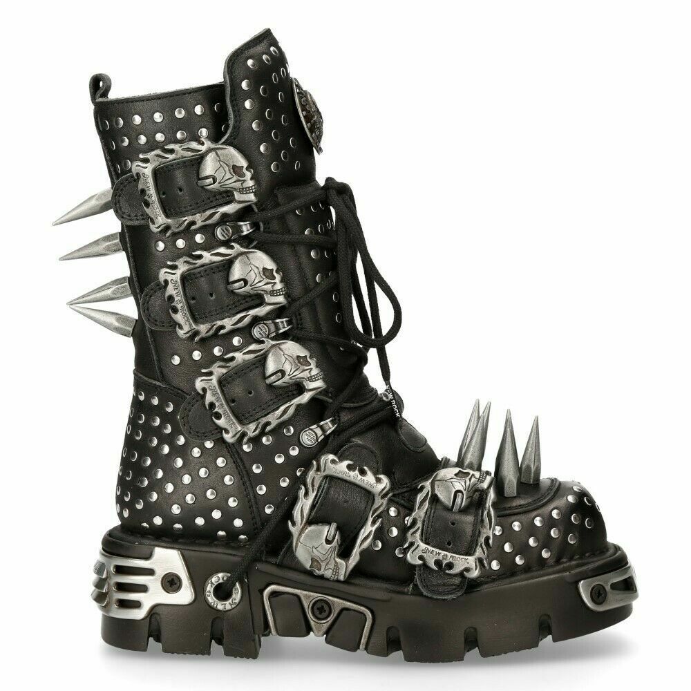 New Rock Boots 1535-S1 Unisex Metallic Black Leather Goth New Rock Boots 1535-S1 Unisex Metallic Black Leather Goth