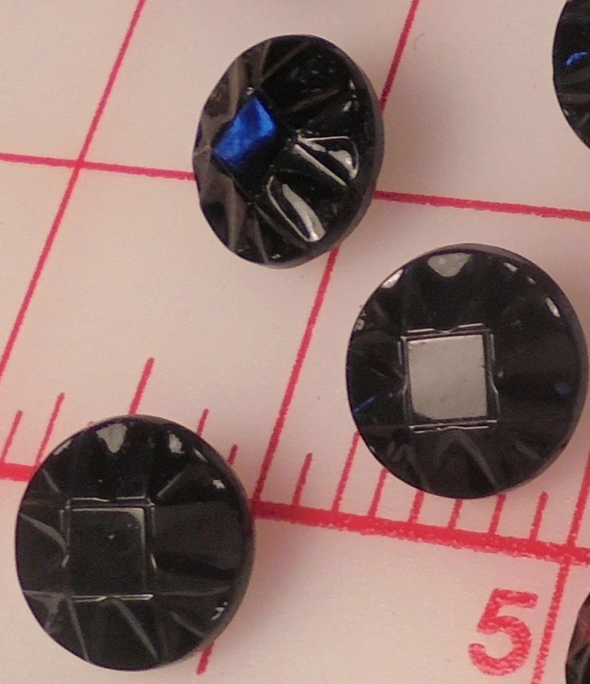 12 Vintage Medium Czech Glass Shank Button Black Square Center Design 3/4" 17mm - Image 3 of 4