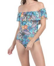 Bleu Rod Beattie Let Loose Off the Shoulder Ruffle One Piece Floral Swimsuit 14