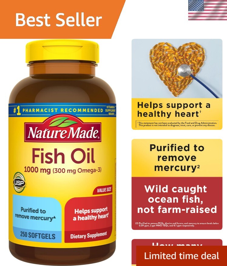 Omega-3 Fish Oil 1000mg Softgels, 250 Count - Supports Heart & Cellular Health