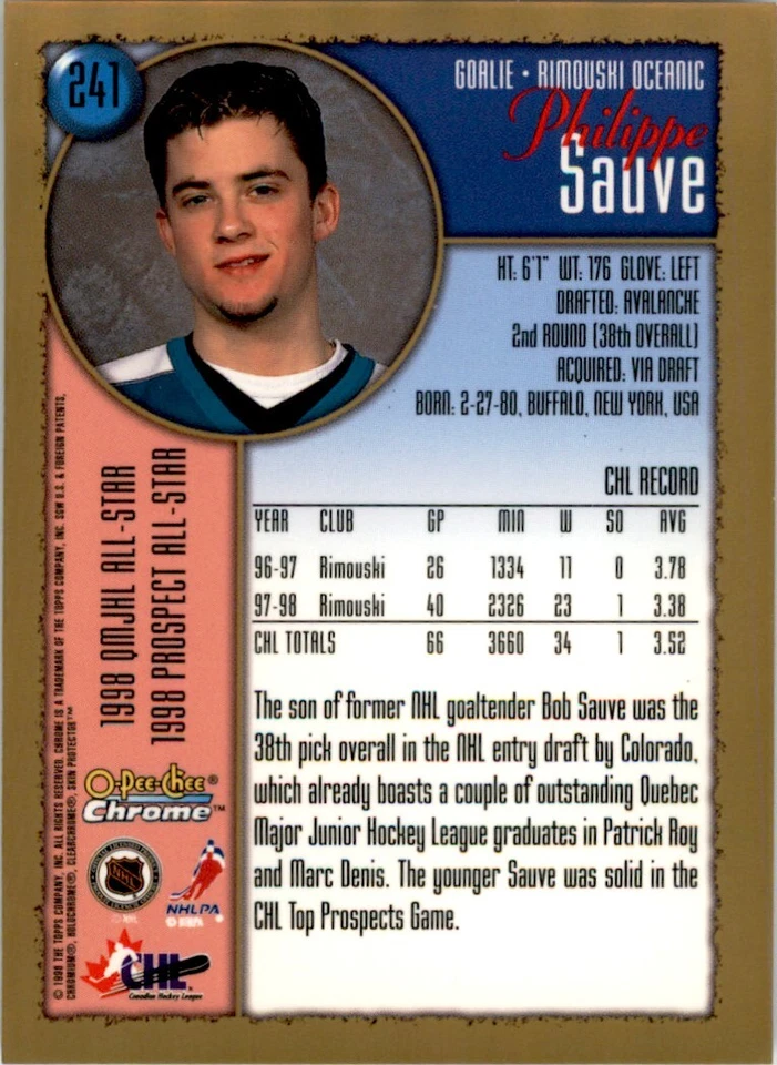 1998-99 O-PEE-CHEE CHROME PHILIPPE SAUV� RIMOUSKI OCEANIC #241 - Image 2 of 2