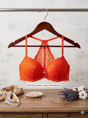 Victoria s Secret PINK  The Date  Push Up Racerback Bra 34C Coral Lace FAST SHIP