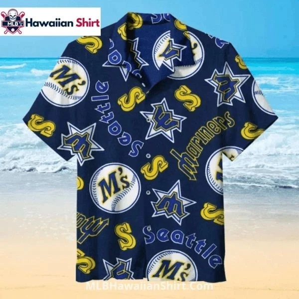 Bold Navy Seattle Baseball Team Marinerss Aloha Shirt With Retro Logos, Unisex A