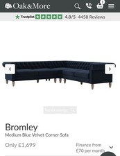 BromleyMedium Blue Velvet Corner Sofa - Rrp:1699