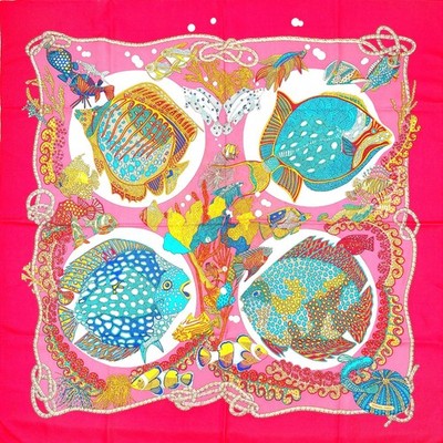 HERMES Carre 90 Grands Fonds Seidentuch Rosa Tropische Fische Frankreich...