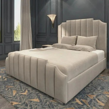 Image of Ottoman Double Crown Bed Frame Plush Velvet Upholstered Gas Lift Storage 5FT 6FT