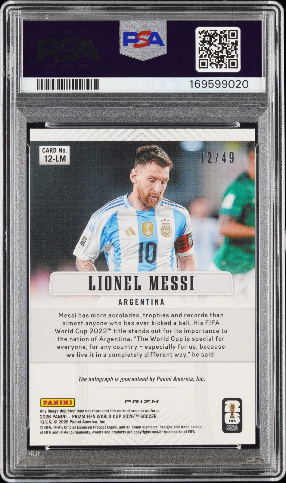 2026 Panini Prizm World Cup Lionel Messi Blue Prizm Throwback Auto /49 PSA 9 view 2