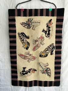 VTG Hand Hooked Rug Folk Art Multi Floral High Heel Shoes Striped Border 2x3