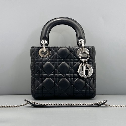 Authentic Christian Dior Lady Dior Mini Black Patent Leather
