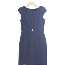 Tahari Arthur S. Levine Blue Sheath Dress Cap Sleeve Gold Buckle Detail Size 6