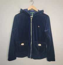 Lauren Ralph Lauren Womens L Petite Velour Hooded Full Zip Jacket Lounge Navy