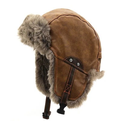 Hommes Vintage Hiver Chaud Chapeau Trappeur Simili Cuir Rabat Oreille Ski Cap - Photo 1/4