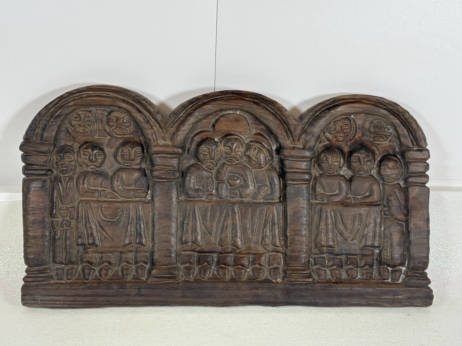Antique Coptic Christian Carved Wood Panel The Last Supper Jesus Disciples Gothi