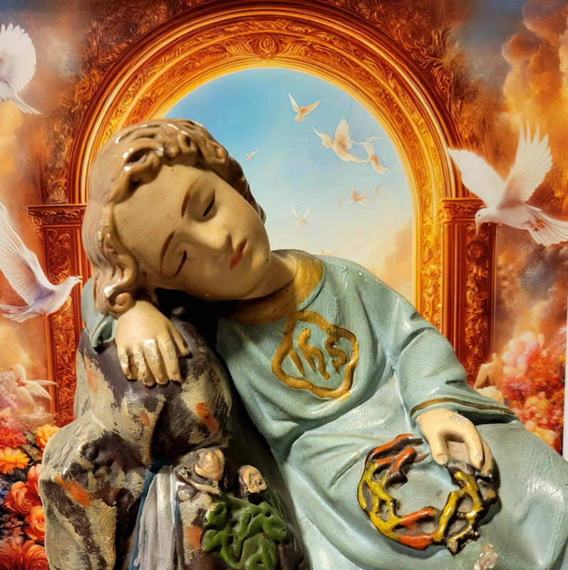 Antique 1900s Era Child Jesus Resting Rock of Ages Chalkware Religious Statue