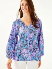 Lilly Pulitzer Blue Pink Floral Rayon V-Neck Blouse Tunic Women M
