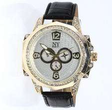 Hip Hop Iced Gold Finish Fashion Black Simulated Leather Band Bling Watch 56.8mm