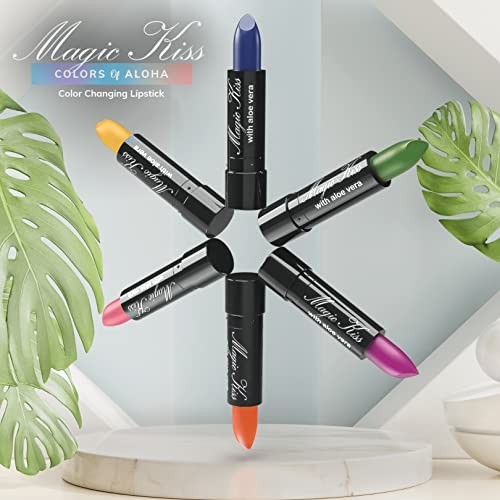 Set of six matte lipsticks in blue, orange, pink, yellow, and green with aloe vera infusion, USA made.