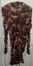 Fashion Nova Mesh Art Print Bodycon Midi Dress Brown Plus 1X Long Sleeve