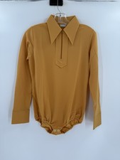 Vintage 1970s Pointed Collar Yellow Bodysuit One-Piece Long Sleeve Shirt MEDIUM