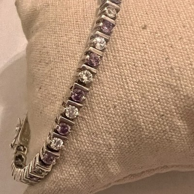 Sterling Silver 925 FAS Tennis Bracelet Lavender Amethyst Plus Clear CZ 6.75 