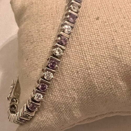 Sterling Silver 925 FAS Tennis Bracelet Lavender Amethyst Plus Clear CZ 6.75”