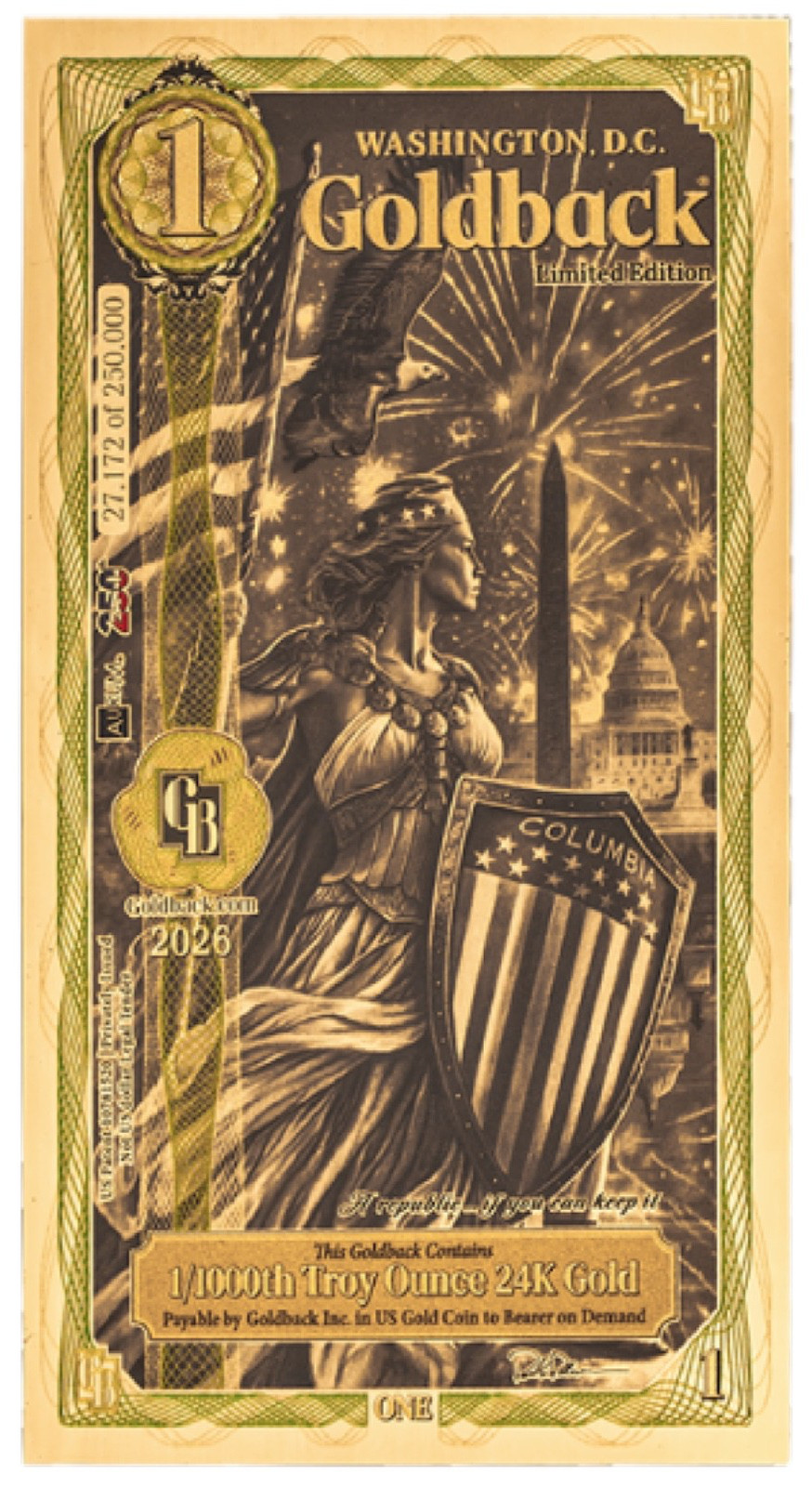 2026 Washington DC Limited Edition 1 Goldback