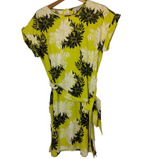 Ann Taylor Loft Dress Small Green Black Floral Short Sleeve Belt Beach READ