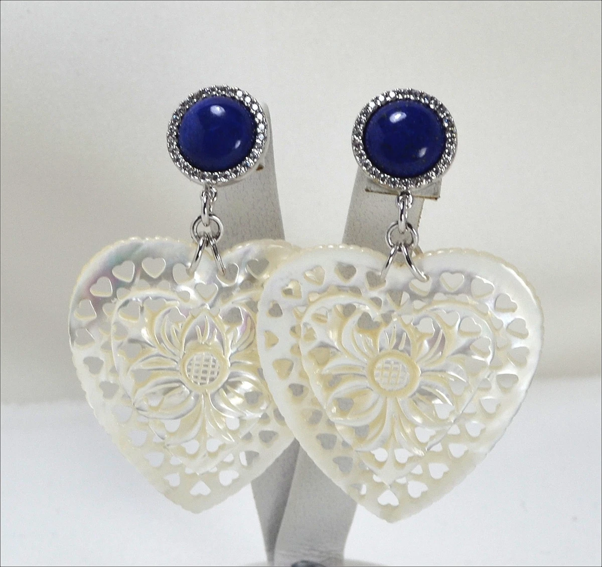 Orecchini Cerchi Cuori Pendenti Argento 925 placcato oro bianco con opali