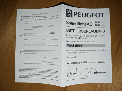 Peugeot Speedfight 1 oder 2 Papiere