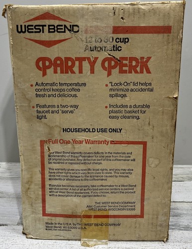 Vintage West Bend Party Perk 12 bis 30 Tassen Kaffeemaschine Automatik 58030 mit Box - Bild 15 von 16