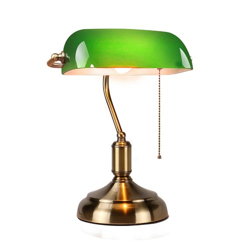 Classical Banker Desk Lamp Pull Chain Switch Green Glass Light Brass Deocr - Picture 2 of 13