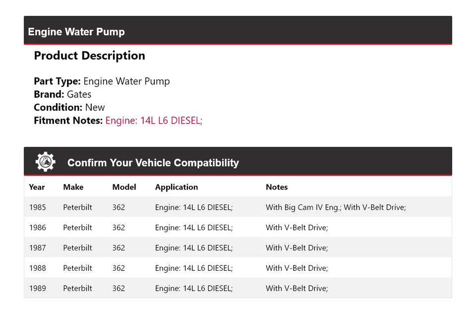 Para 1985-1989 Peterbilt 362 14L L6 Motor Diesel Bomba Agua Puertas 1986 1987 1988 Foto 2 de 4