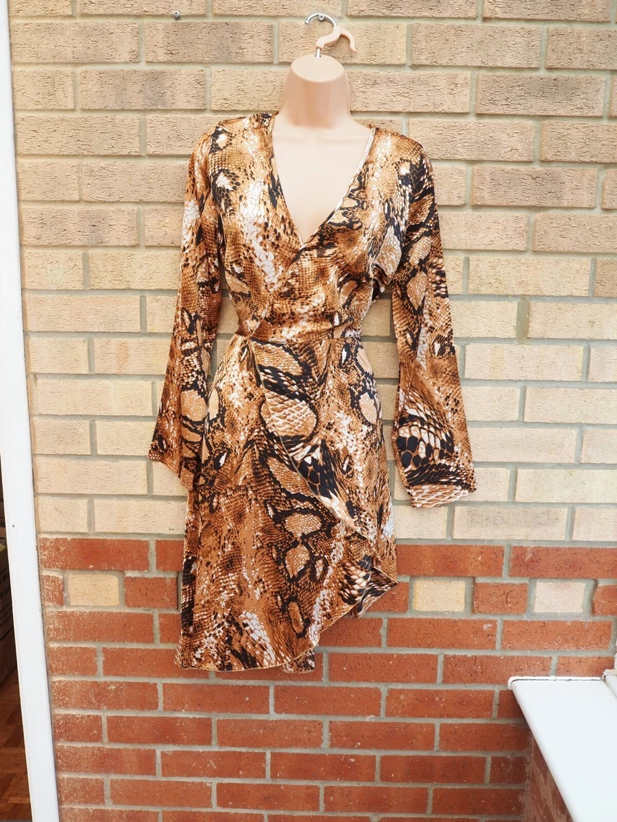 Leopard print satin cheap long sleeve wrap dress