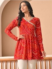 Indian Kurti; Bandhani Printed Gotta Lace Pleated Tunic Kurti.Orange/Green/Pink