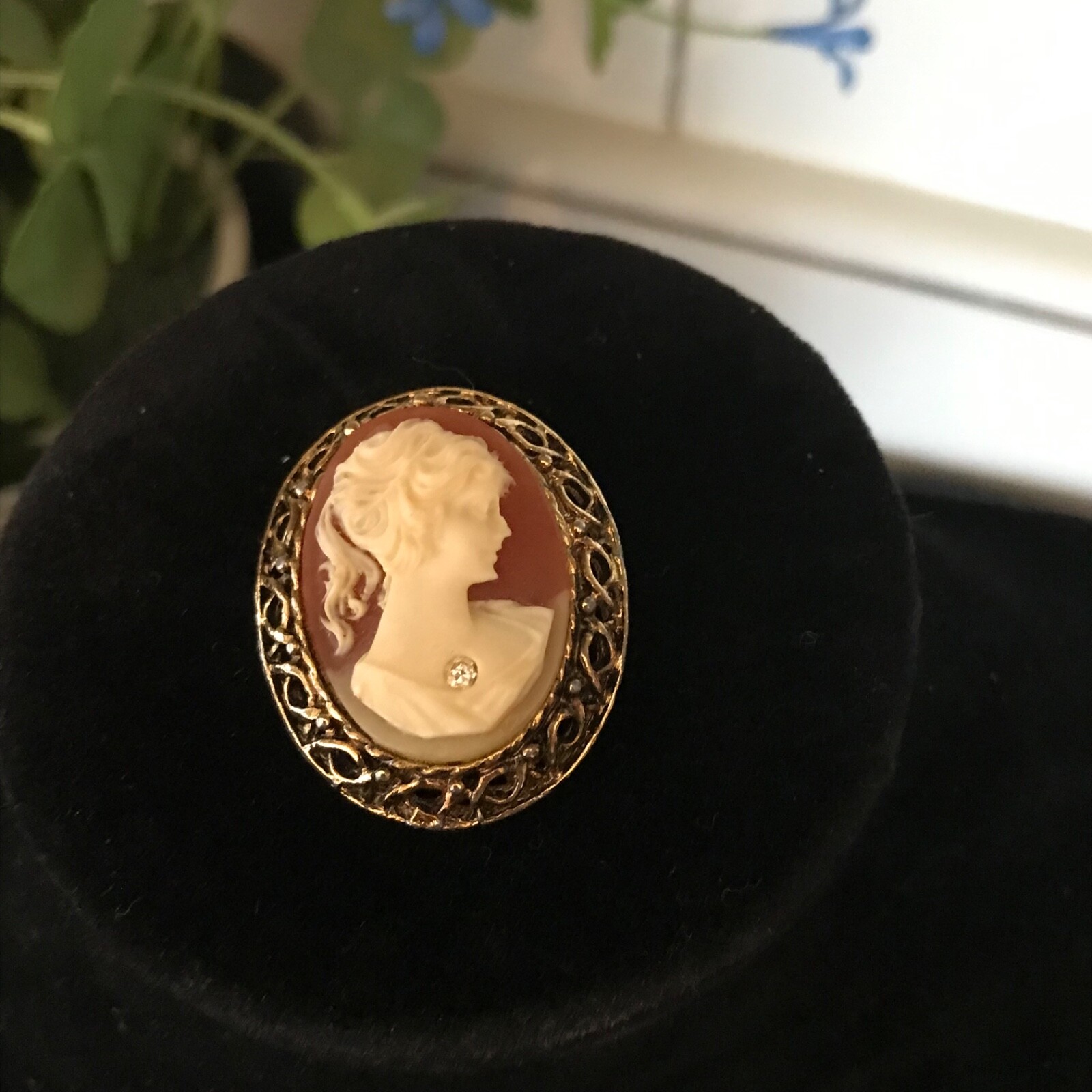 Vintage Victorian Carved Cameo Brooch with Rhinestone Accents