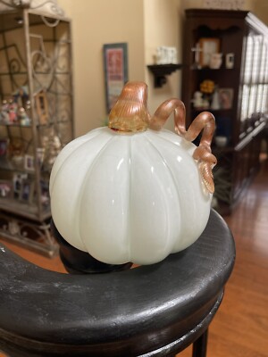 Hand Blown Iridescent Art Glass Gourd Pumpkin Curled Stem Halloween Fall 5.75 in