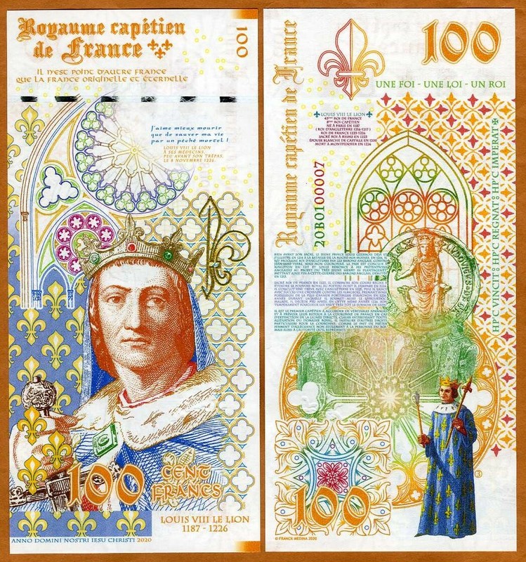 Kingdom of France, 100 Francs, 2020, private Issue, Louis VIII the Lion