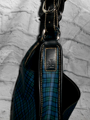 BOLSO/CARTERA RALPH LAUREN media luna verde y azul lona recubierta a cuadros cuero NEGRO - Imagen 3 de 14