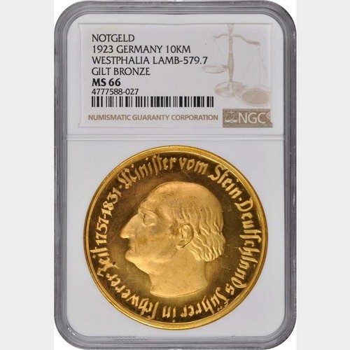 1923 Germany 10,000 Mark Gilt Bronze Westphalia. NGC MS 66. LAMB-579.7 - Picture 3 of 4