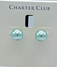 Charter Club Mint Green Imitation Pearl Stud Earrings 12 mm NOS