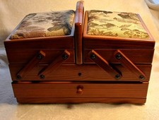 Vintage SEWING BOX Cantilever with contents  1950s solid wooden box preloved con
