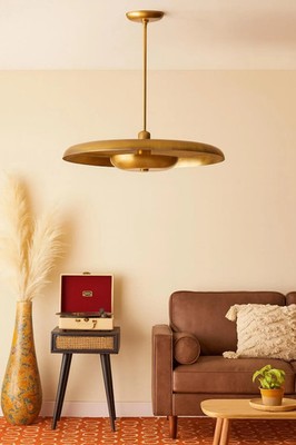 1950s Modern Mid Century Aged Brass Pendant Light, 24 Inch Retro Ceiling Fixture