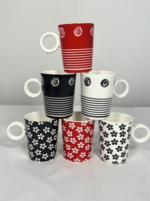 Tasse Cafe Espressotassen x 6 Domino Blumenmuster rot weiß schwarz Keramik