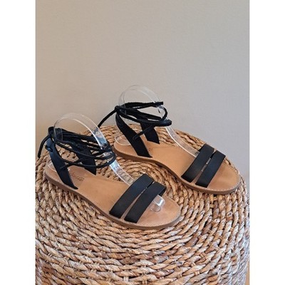 Madewell Womens Preppy/Boho/Summer Black Leather Ankle Lace Up Flat Sandals 8