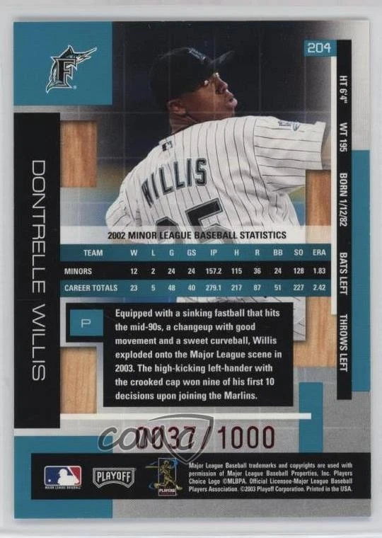 2003 Playoff Absolute Memorabilia Rookies /1000 Dontrelle Willis #204 - Image 2 of 2