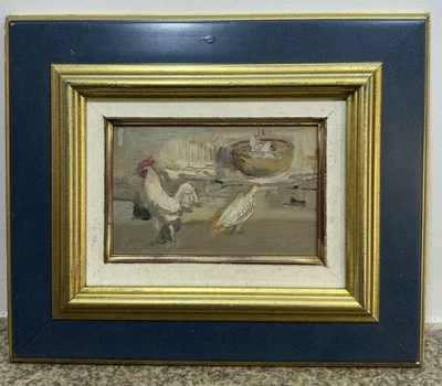 Huile sur panneau marronnier École Française XXe " le coq et les poules " - Photo 1/4